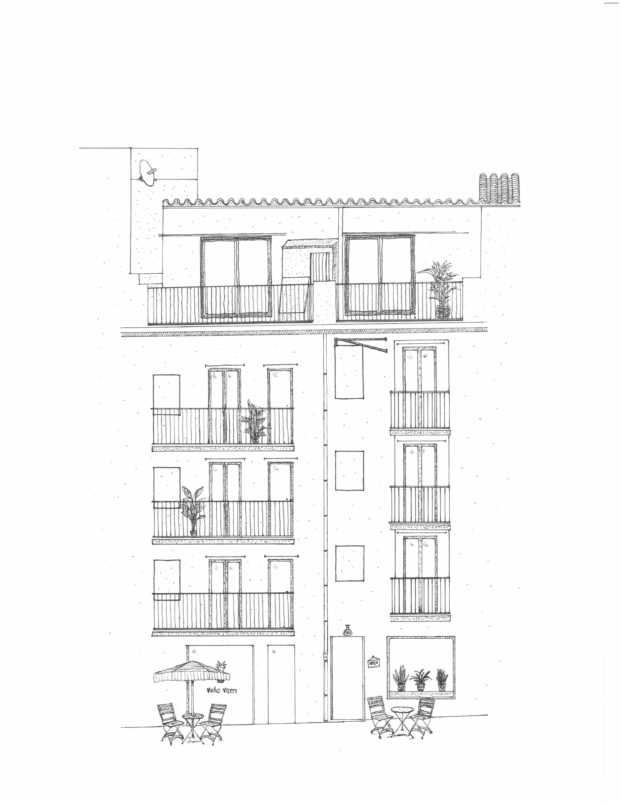 Architectural elevation drawing of the VeloVern building on Carrer Vern